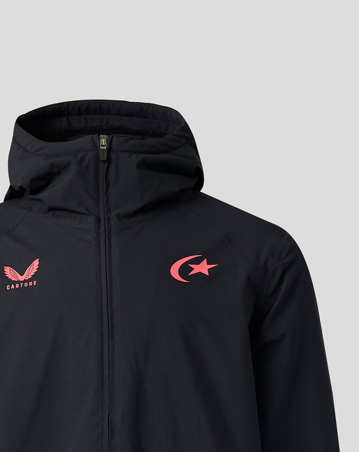 Black Saracens robe showing pink Castore branding on the left chest and pink crescent and star emblem on the right chest.