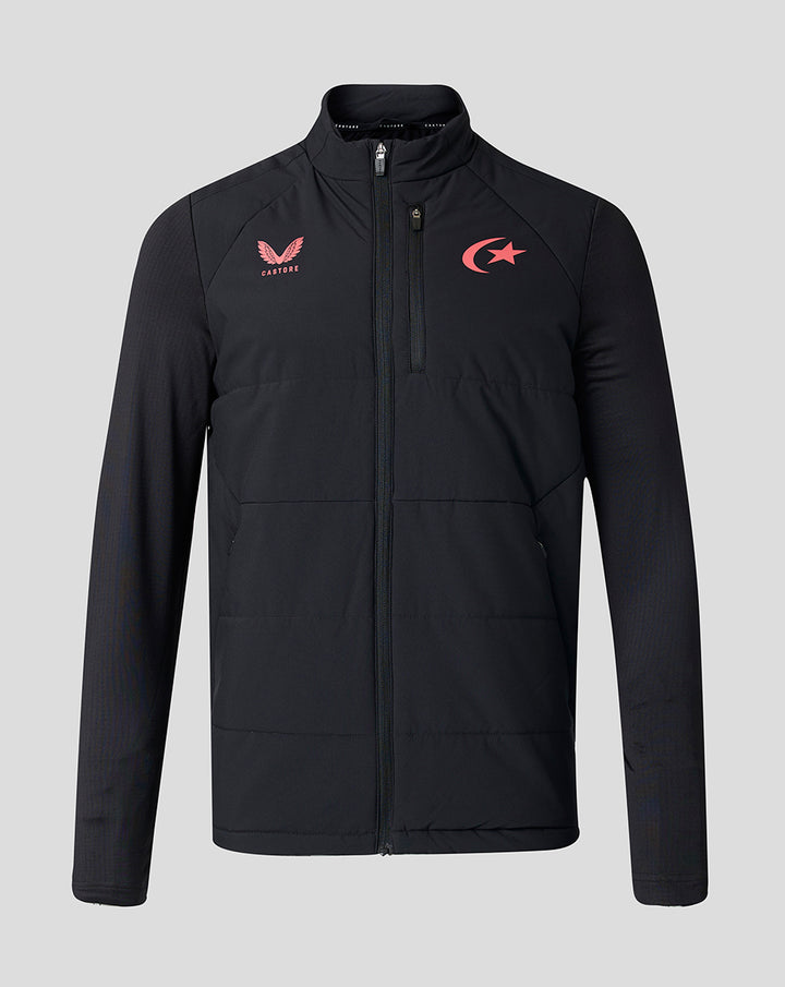 Front view of black Saracens Training Thermal Jacket with crest and Castore branding
