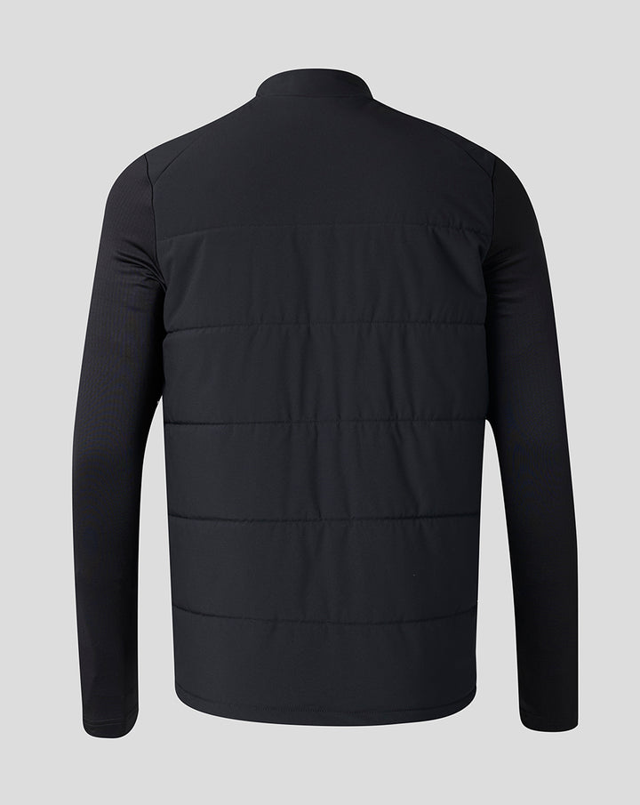Back view of black Saracens Training Thermal Jacket with horizontal quilting and stand collar