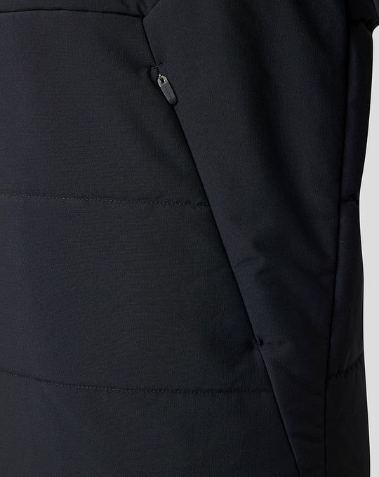 Close-up of black Saracens training thermal jacket showing the vertical chest zip pocket and seam panels