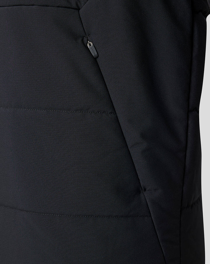 Close-up of black Saracens training thermal jacket showing the vertical chest zip pocket and seam panels