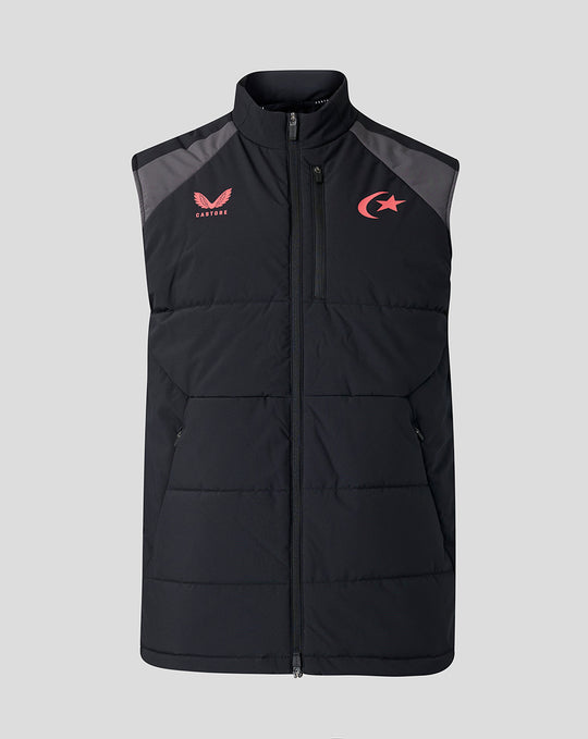 Black Saracens training gilet with sleeveless padded body, front zip and stand collar, crest and Castore branding