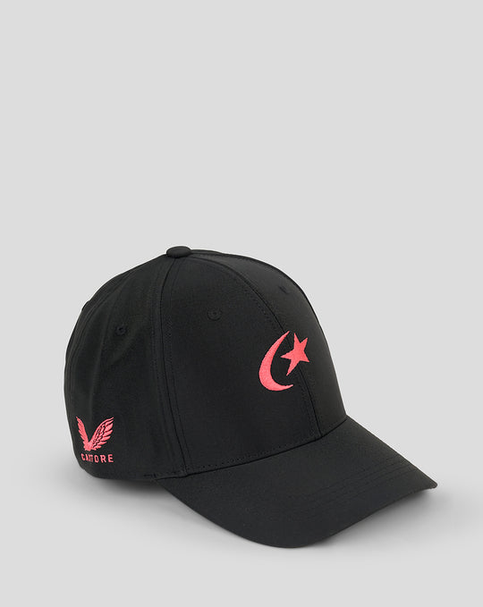 Black team cap with pink crescent moon and star logo on the front panel and pink wing emblem on the side