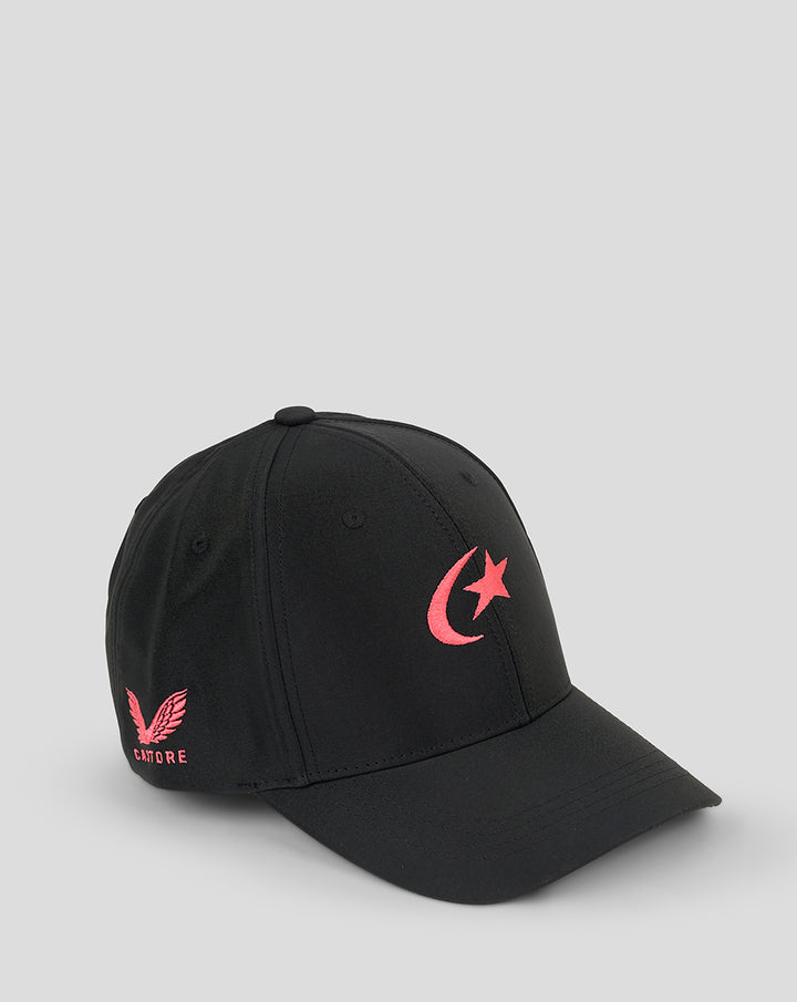 Black team cap with pink crescent moon and star logo on the front panel and pink wing emblem on the side