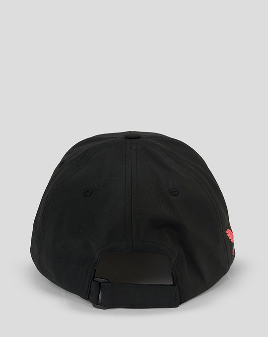 Back view of black Saracens team cap showing pink embroidery near the side and adjustable strap