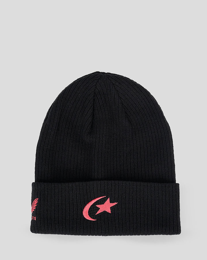 Black knit beanie with pink embroidered crescent moon and star on the cuff