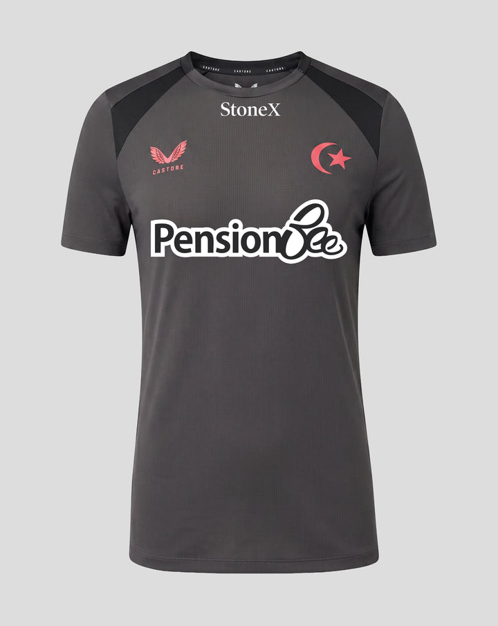 Dark grey Saracens training jersey with StoneX centered on chest crest on left Castore branding and PensionBee graphic.