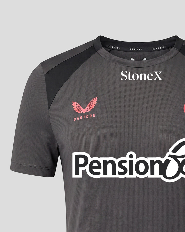 Chest area of grey Saracens training T shirt with large StoneX graphic and Castore branding on the collar