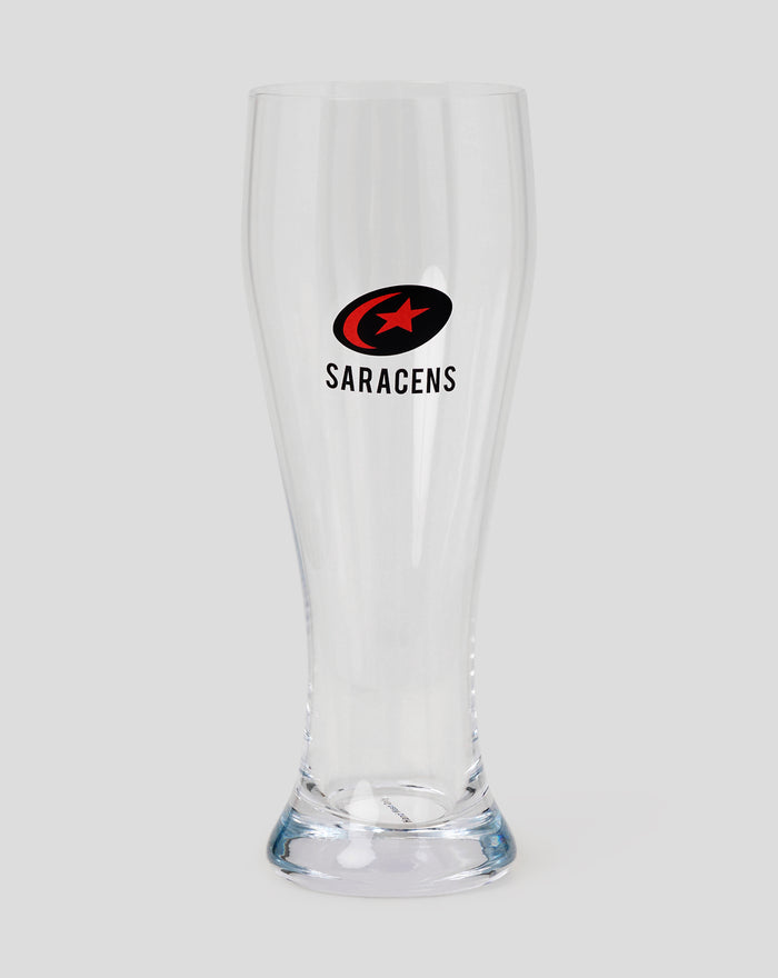 Pilsner pint glass with Saracens logo in red and black on clear glass
