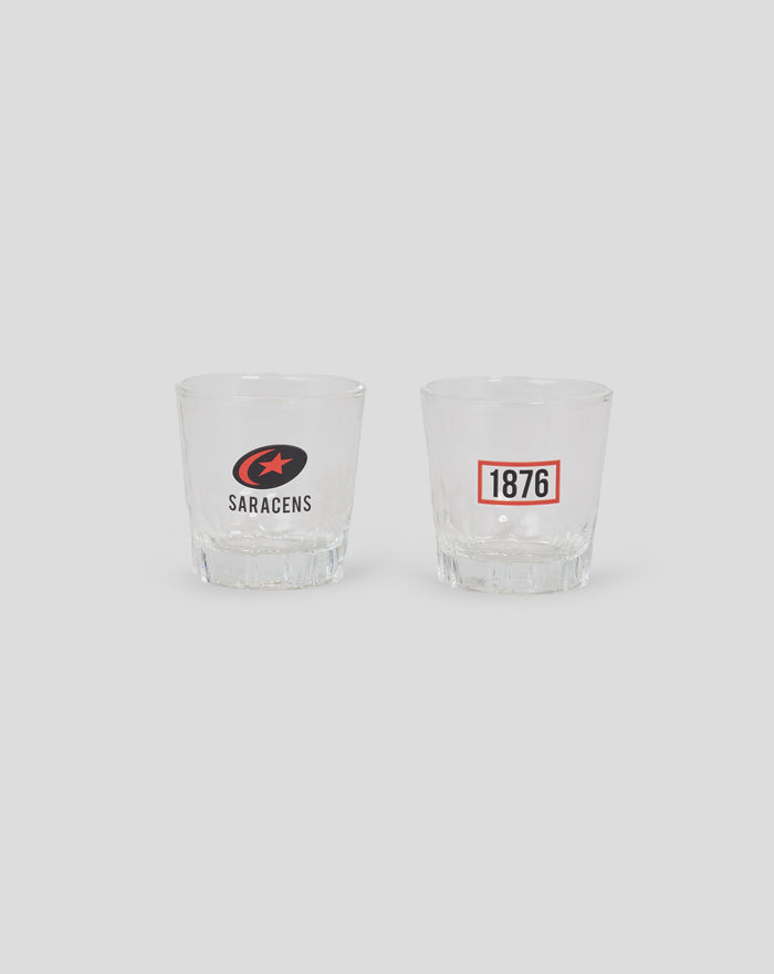 Clear shot glass bearing the Saracens circular logo