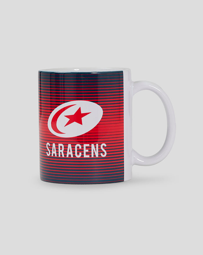 Saracens Crest Mug with white crest logo on red and blue striped background