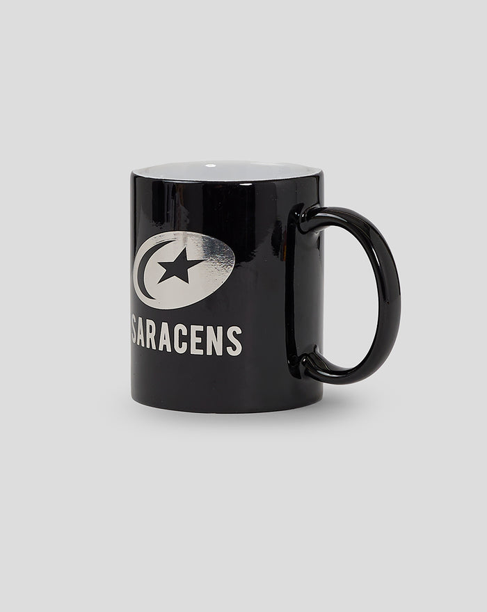 Black glossy Saracens mug with a silver logo on the side