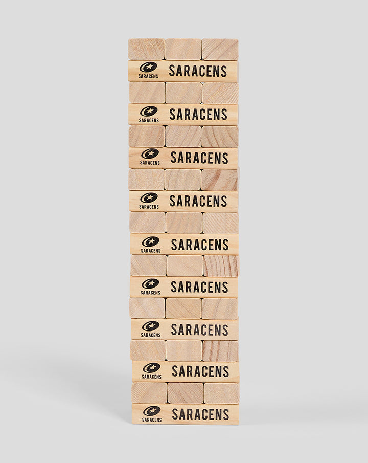 Tall column of natural wood SARACENS blocks viewed from the side