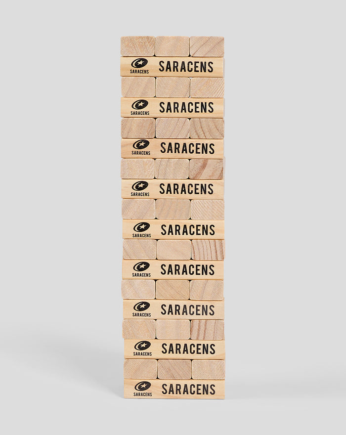 Tall column of natural wood SARACENS blocks viewed from the side