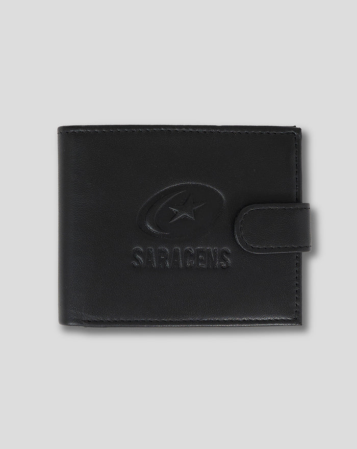 Black leather Saracens bi fold wallet with embossed logo and tab closure