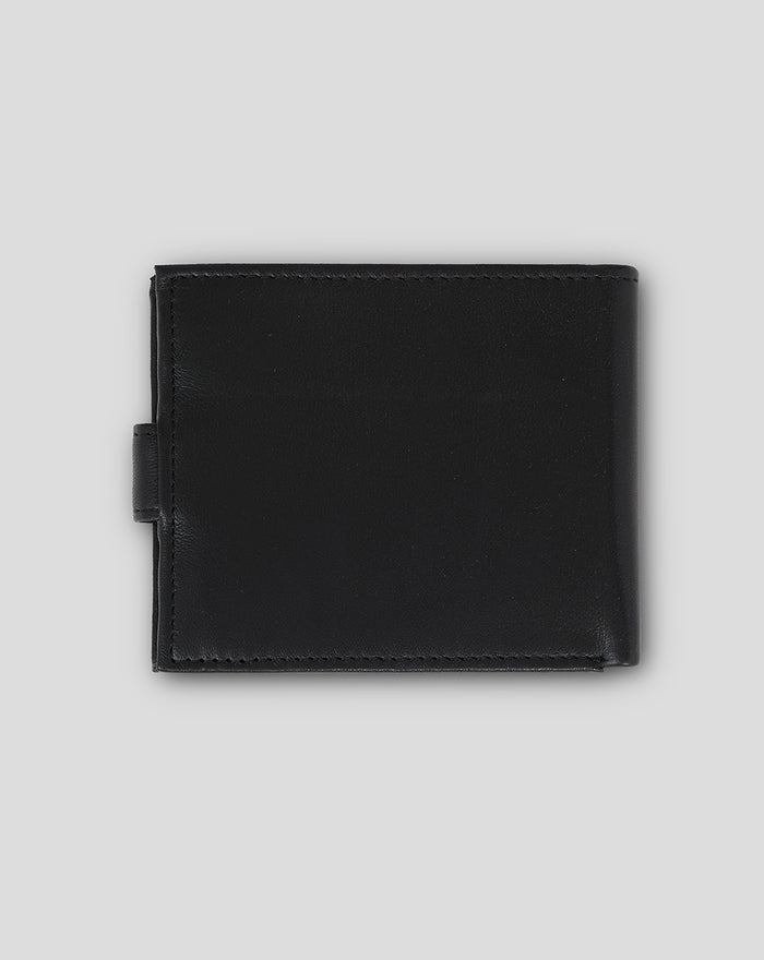 Closed black leather Saracens wallet with outer strap closure