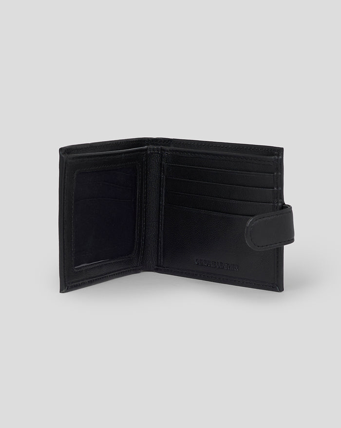 Open black leather Saracens wallet showing multiple card slots and a clear ID window