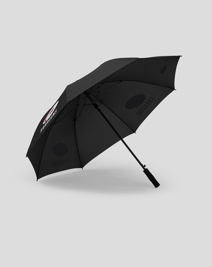 Black Saracens golf umbrella fully opened with logo on the canopy