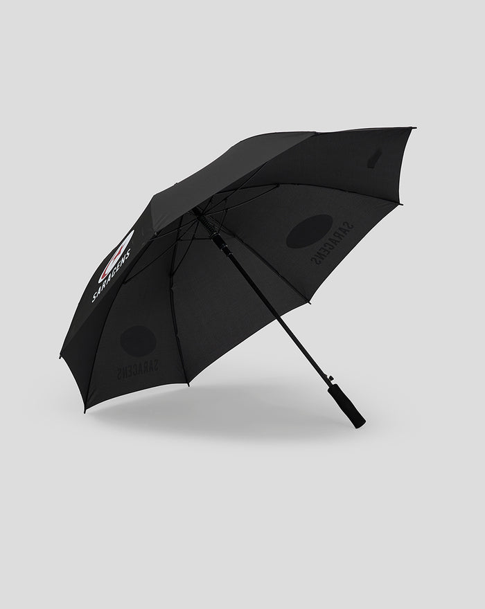 Black Saracens golf umbrella fully opened with logo on the canopy