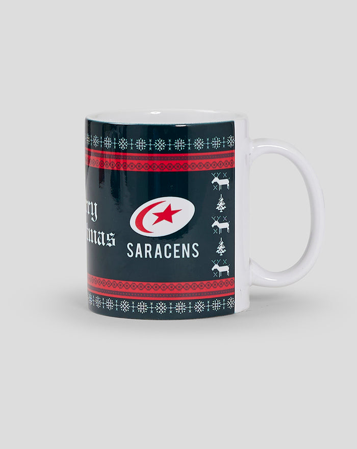 White ceramic mug with navy wrap featuring Saracens logos and red decorative bands around the sides
