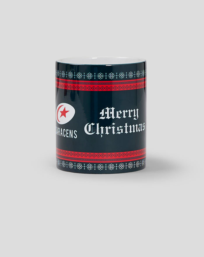 Dark blue Saracens Christmas mug with Merry Christmas text and red decorative bands.