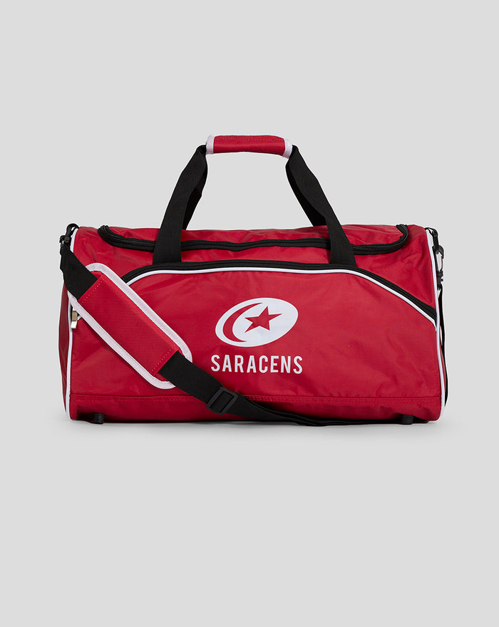 Red Club Holdall with black handles detachable strap white piping and Saracens logo