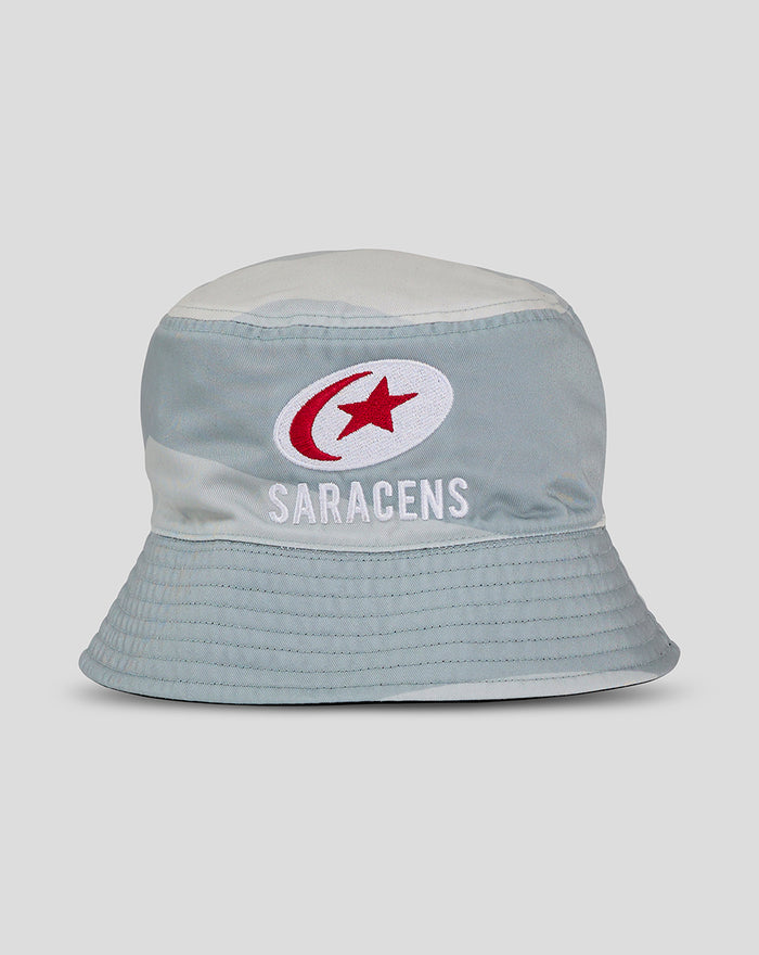 Two tone reversible bucket hat in light blue and off white with Saracens logo