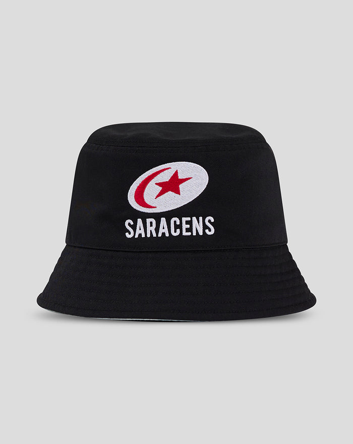 Black bucket hat with white embroidered Saracens emblem and red star