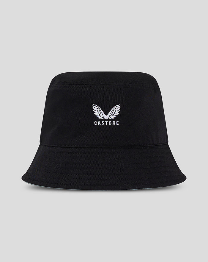 Black bucket hat with white Castore logo and wings