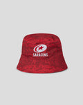 Front view of red camouflage reversible bucket hat with SARACENS crest
