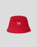 Red reversible bucket hat with a white Castore logo on the front