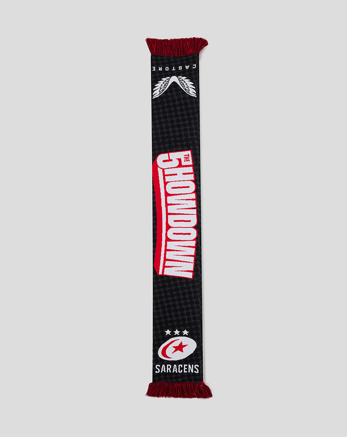 Showdown 25 scarf featuring a black dotted pattern with red fringes, bold white and red vertical lettering, and a Saracens crest