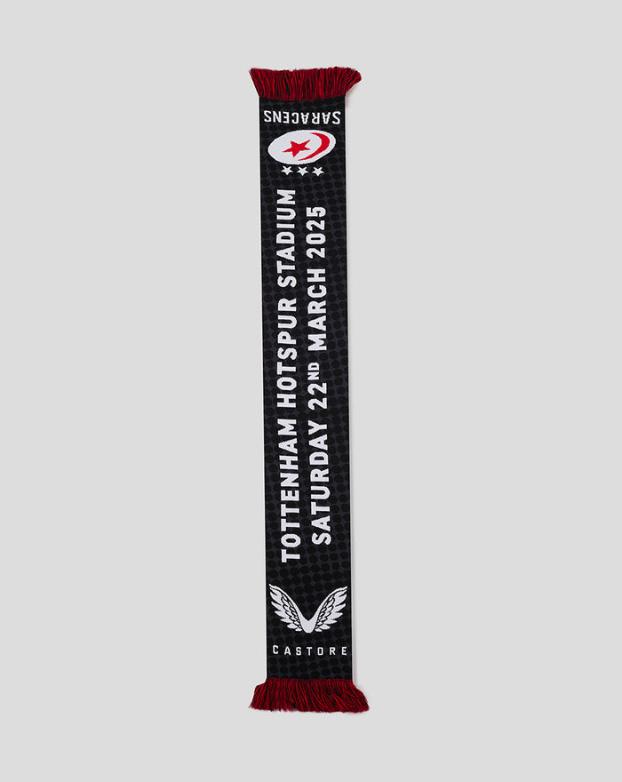 Tottenham Showdown 25 scarf in black with white vertical text and red fringe.