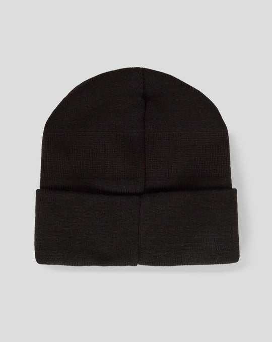 Close-up of black knit beanie showing a central crown seam and folded cuff