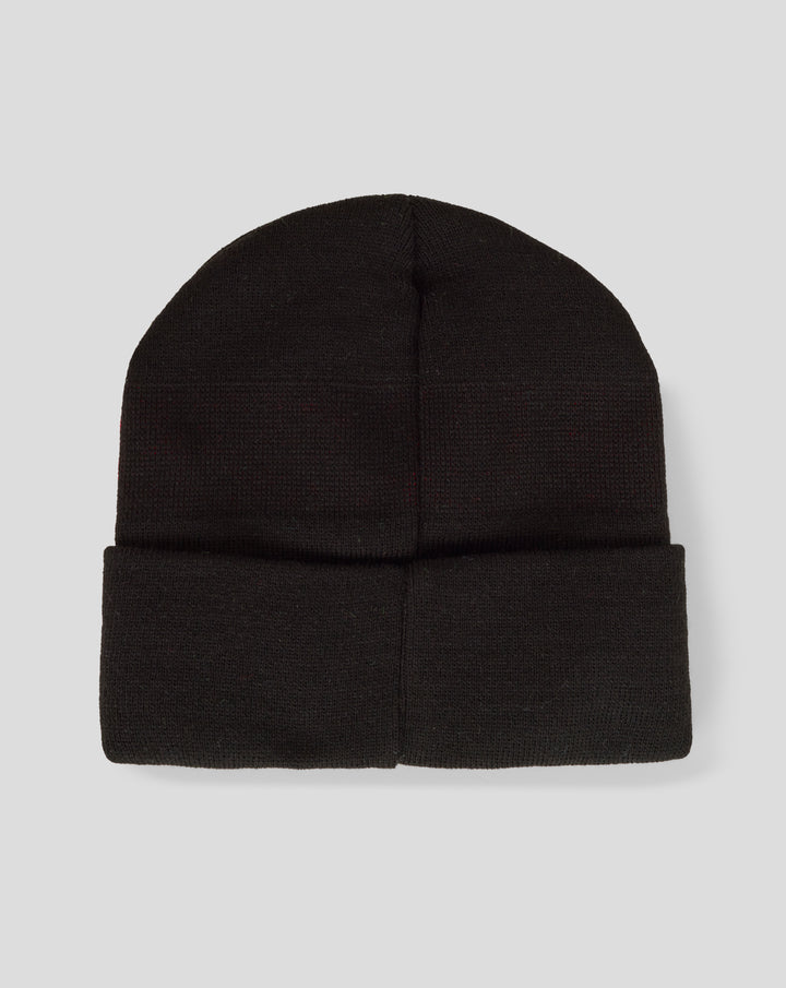 Close-up of black knit beanie showing a central crown seam and folded cuff