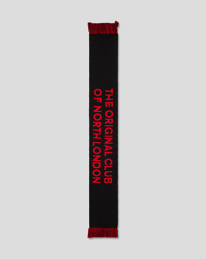 Black scarf with red vertical text The Original Club Of North London and SARACENS with red fringe