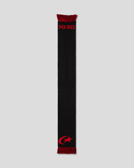 Saracens scarf in black with red fringed ends and red lettering at the top and a red crescent moon and star motif at the bottom