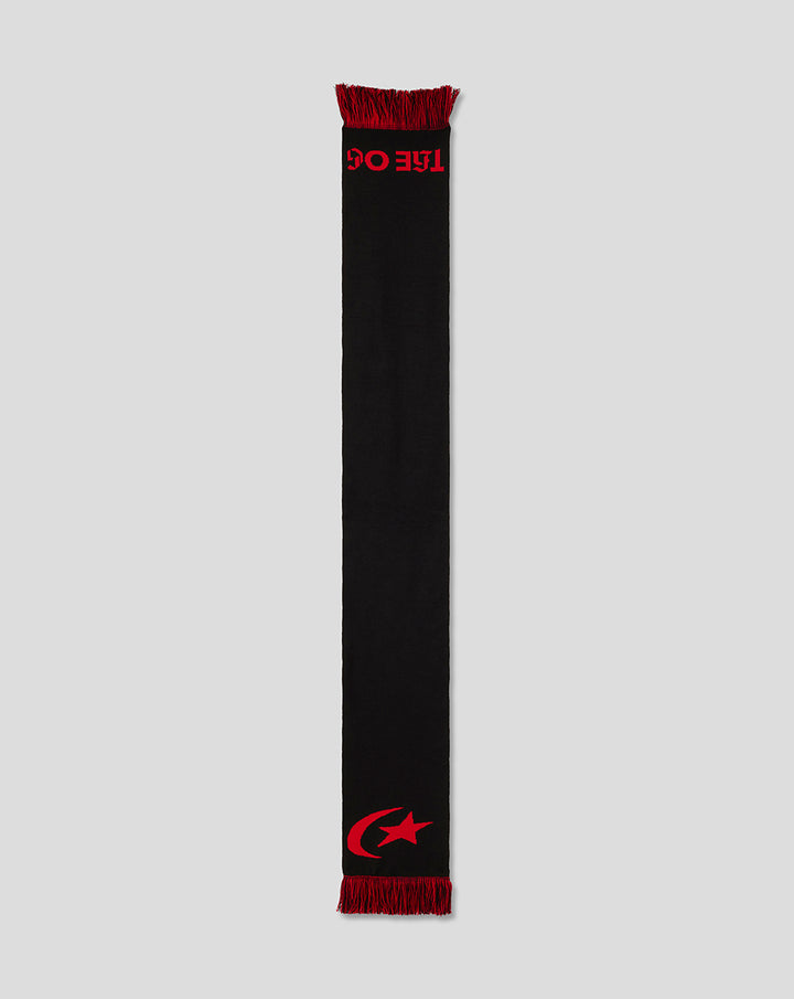 Saracens scarf in black with red fringed ends and red lettering at the top and a red crescent moon and star motif at the bottom