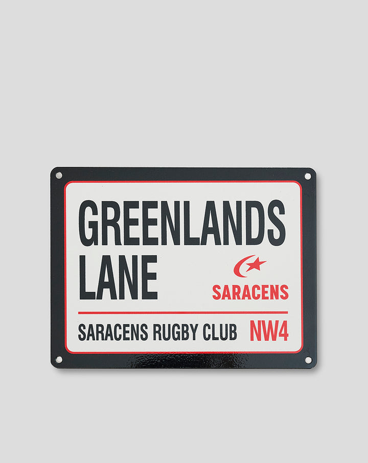 Decorative metal street sign reading GREENLANDS LANE with Saracens Rugby Club NW4