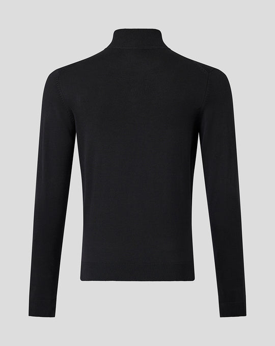 Back view of black knit quarter zip top with a high collar and ribbed hem