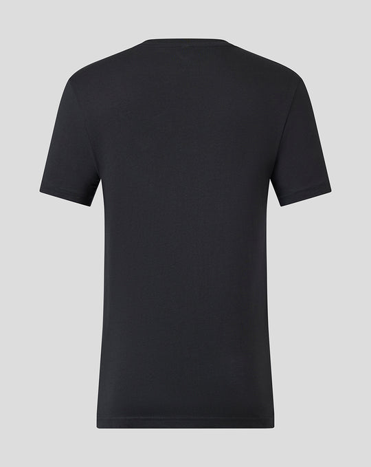 Back view of a black short sleeve crew neck Saracens T-shirt