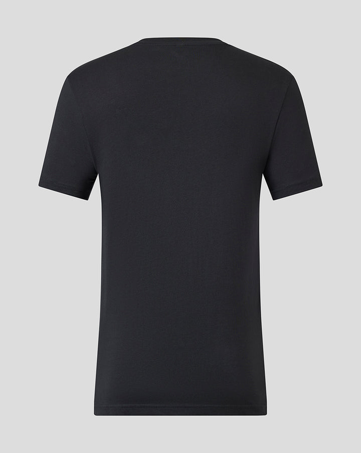 Back view of a black short sleeve crew neck Saracens T-shirt