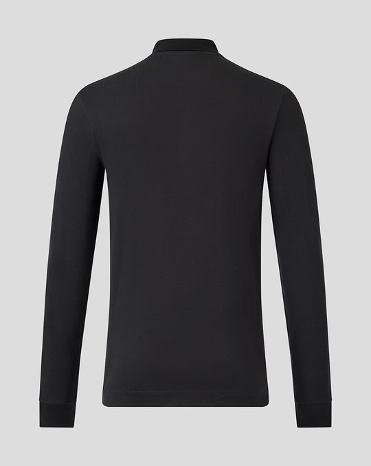 Back view of black long sleeve polo with collar visible and clean minimalist silhouette.