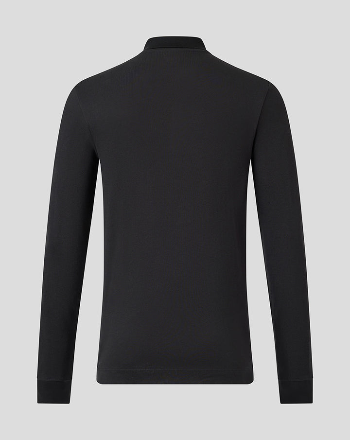 Back view of black long sleeve polo with collar visible and clean minimalist silhouette.