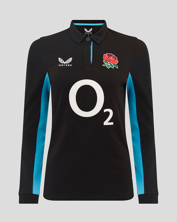 Women’s England Rugby Alternate Classic Long Sleeve Shirt in black with rose crest and O2 logo