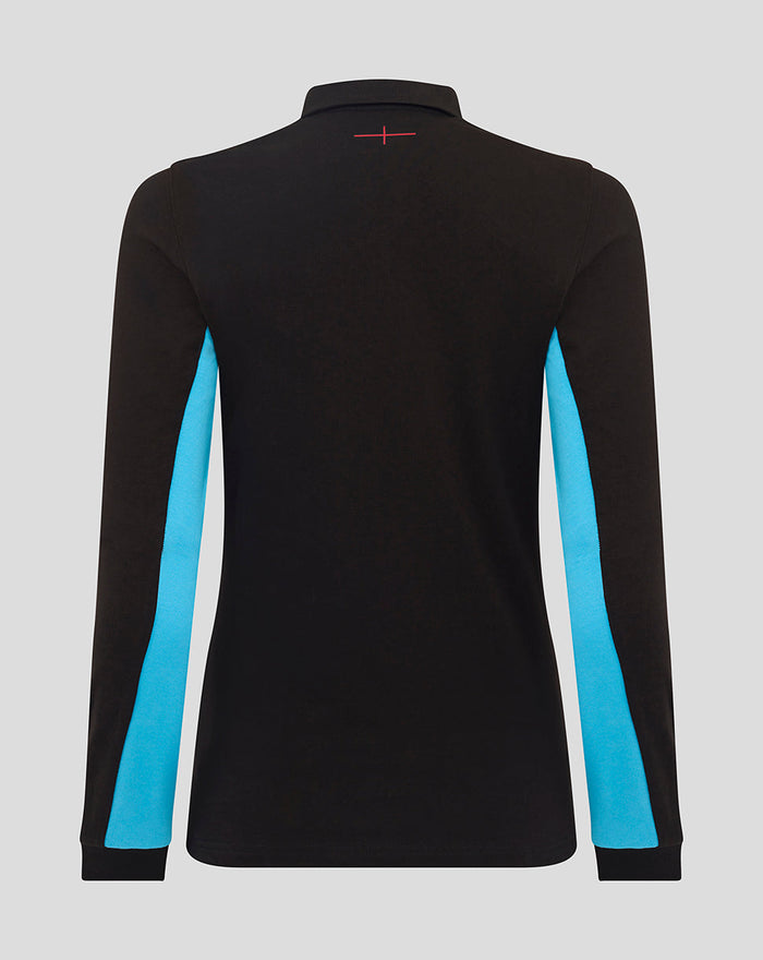 Back view of women's England Rugby alternate classic long sleeve shirt in black with turquoise side panels on the sleeves.