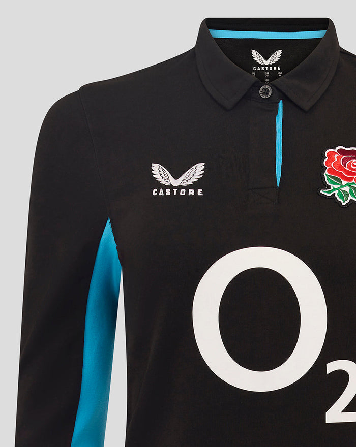 Collar close-up of black England Rugby shirt with turquoise trim showing Castore branding and the Rose crest on the chest.