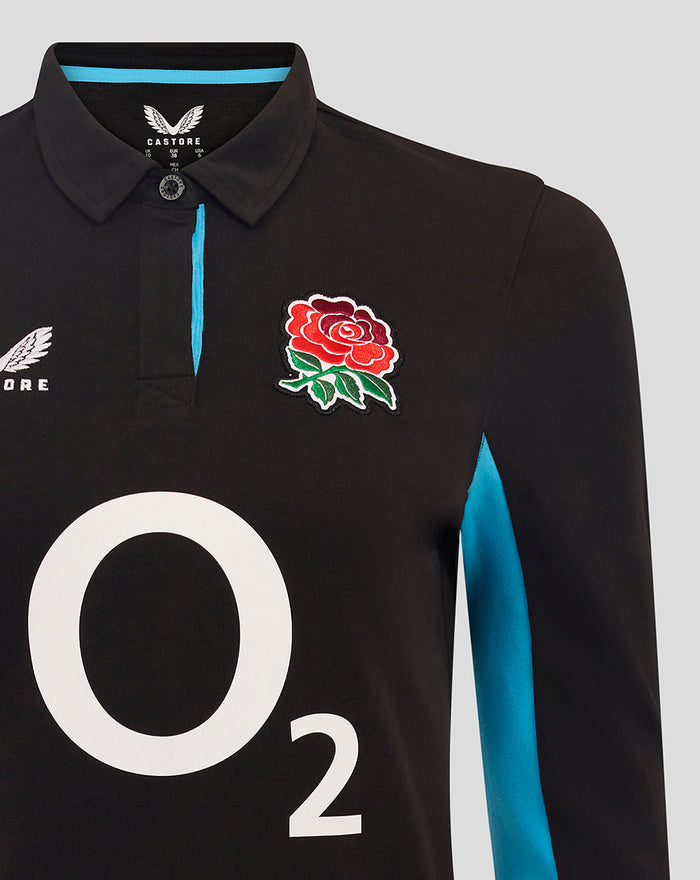 Front close-up of black England Rugby shirt with large O2 logo center, Rose crest on the chest, and Castore branding.