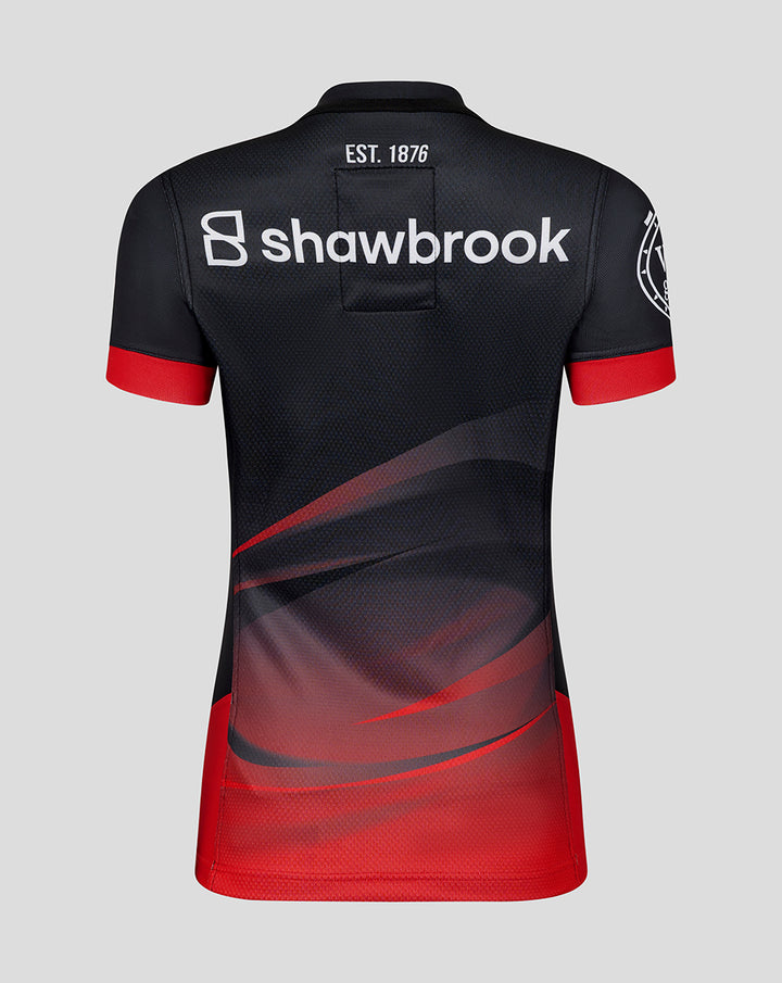 Back view of black Pro Home Shirt with EST 1876 and Shawbrook branding across the back and red sleeve cuffs