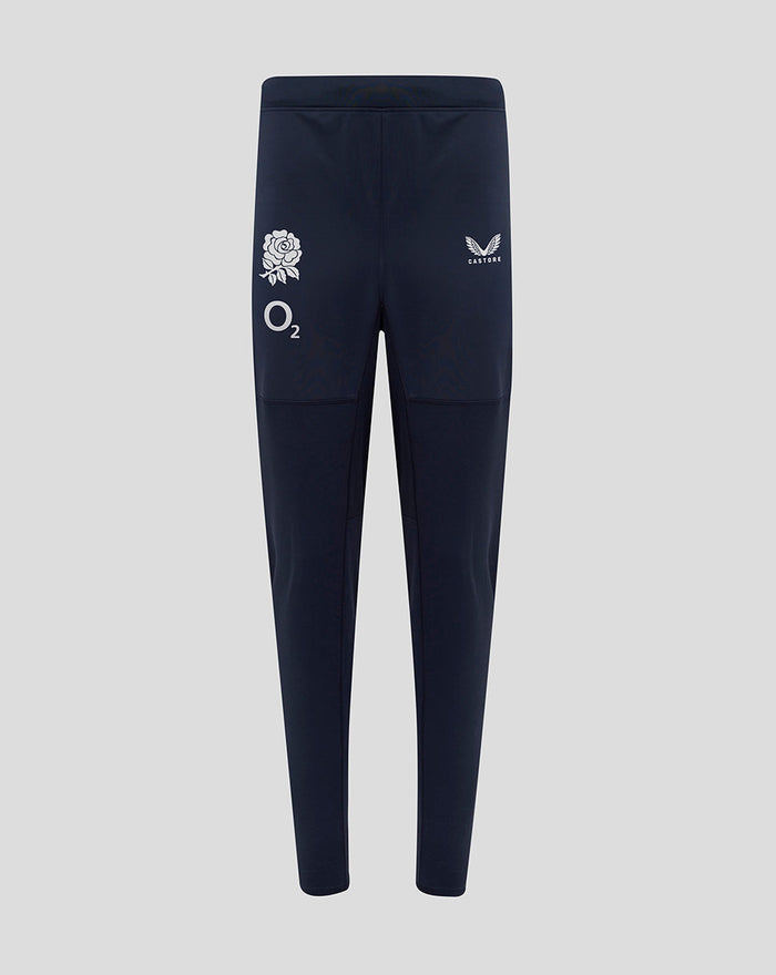 Navy Women’s England Rugby Drill Pants back view with rose crest and O2 logo on left thigh and Castore logo on right thigh